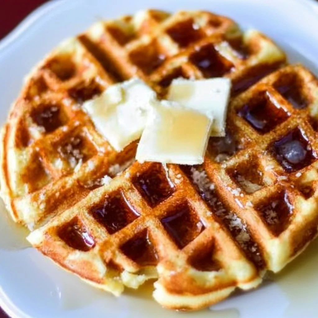 Fluffy homemade waffles stacked with syrup and berries