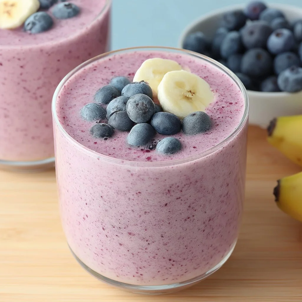 Healthy blueberry banana smoothie in a glass with fresh blueberries and banana slices