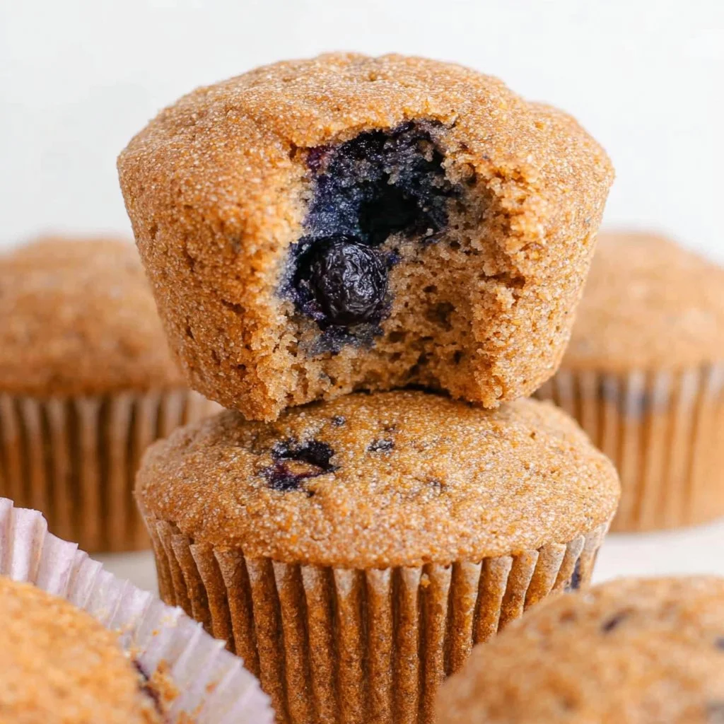 Freshly baked blueberry bran muffins on a rustic table