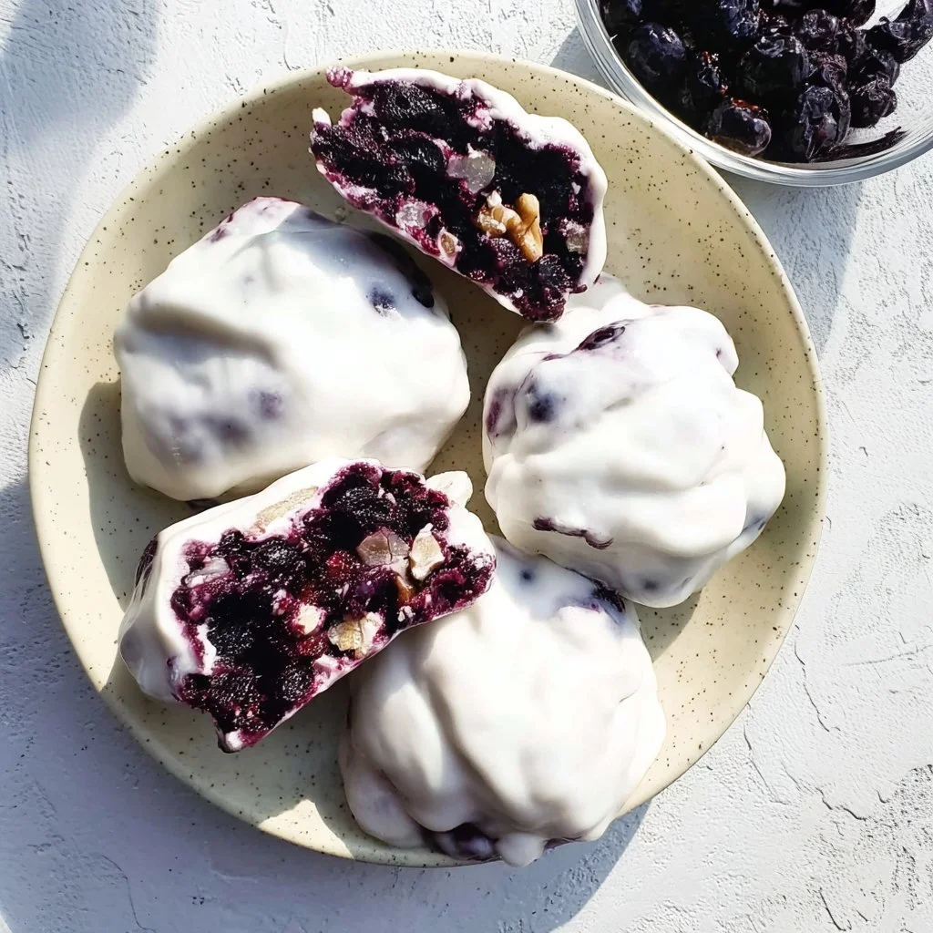 Blueberry yogurt clusters in a bowl, a convenient snack for busy lifestyles.