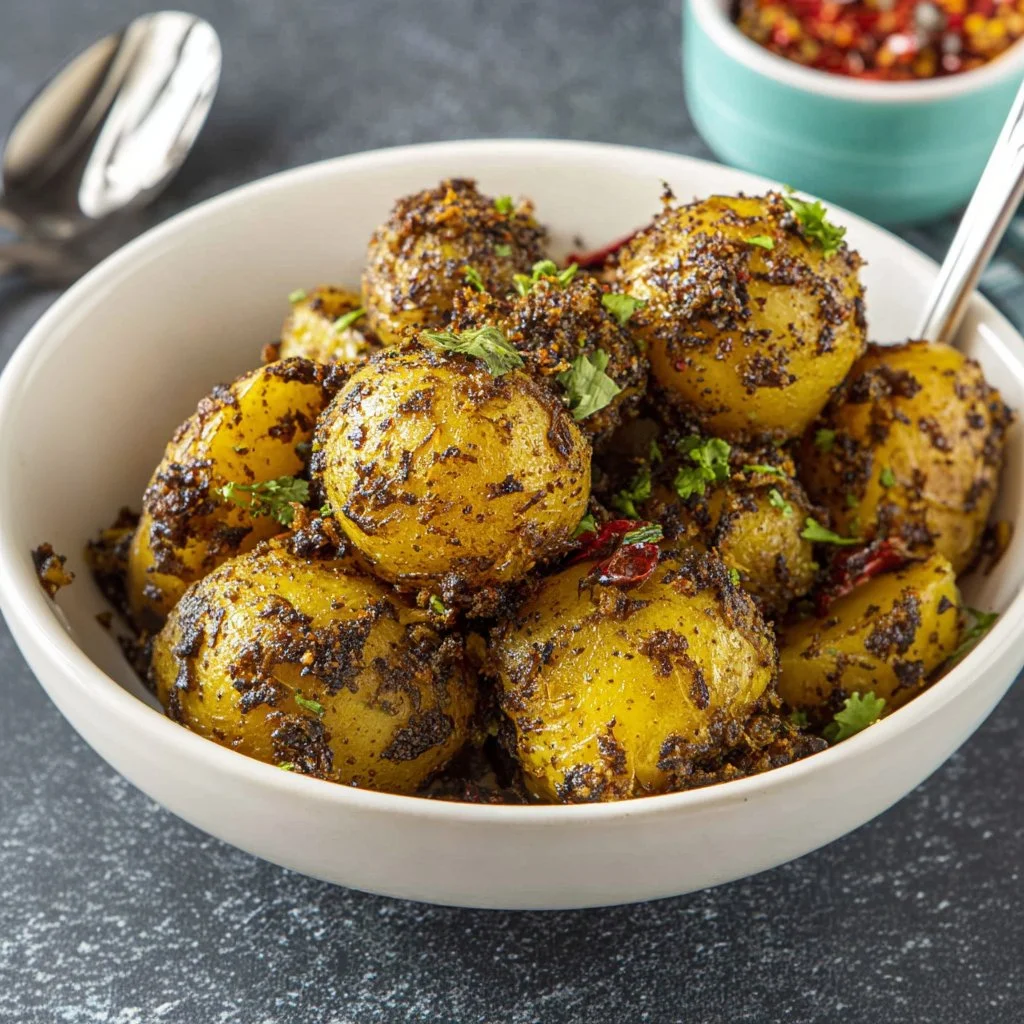 A vibrant plate of Bombay Potatoes (Bombay Aloo) garnished with fresh herbs.