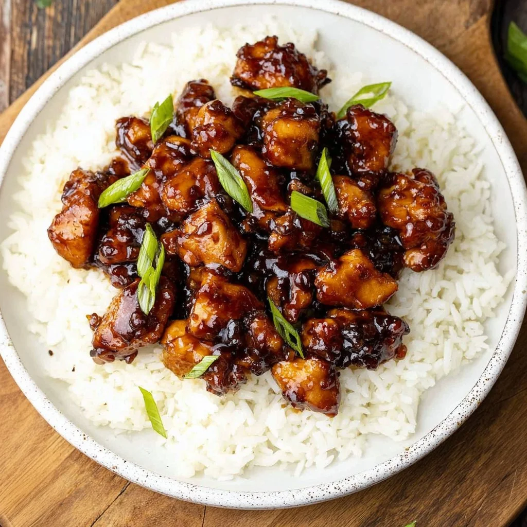 Bourbon Chicken served on a plate with vibrant vegetables