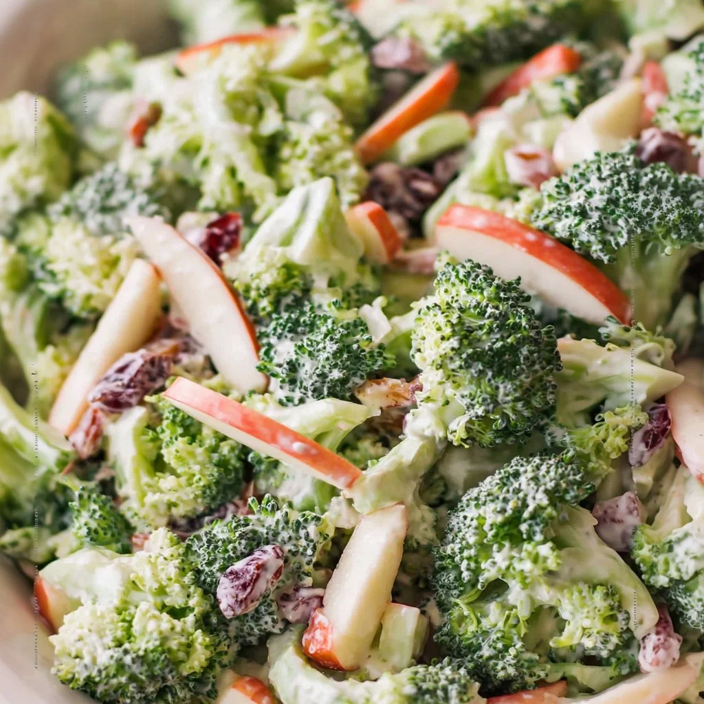 Fresh broccoli apple salad with crunchy apples and dressing