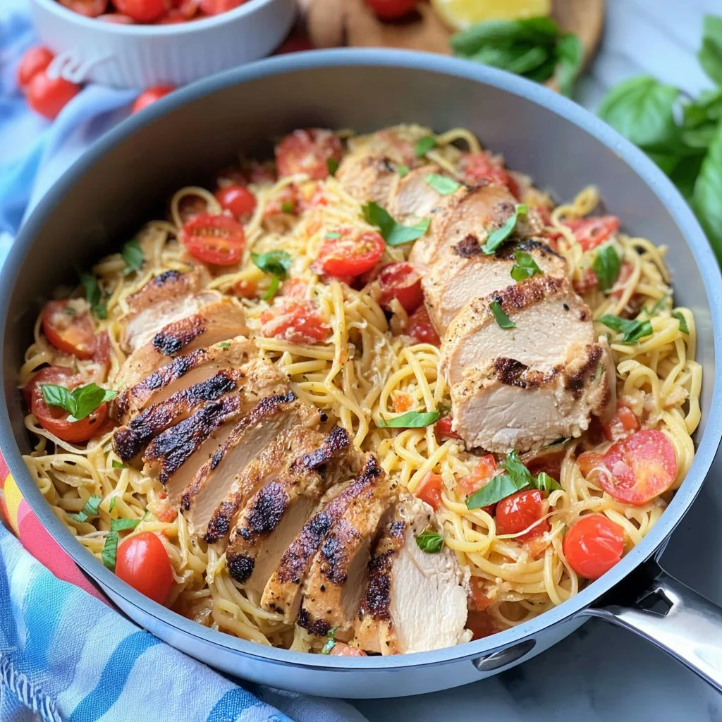 Delicious Bruschetta Chicken Pasta served with fresh basil and tomatoes.