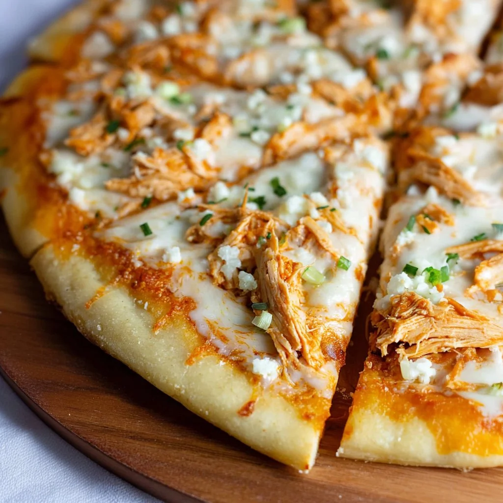 A delicious slice of Buffalo Chicken Pizza topped with spicy chicken, ranch, and cheese