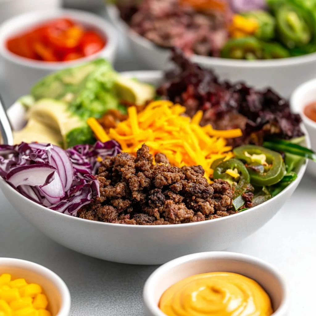 A delicious burger bowl filled with fresh ingredients and flavorful toppings