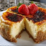 Burnt vanilla-bean cheesecake topped with caramel glaze and fresh berries