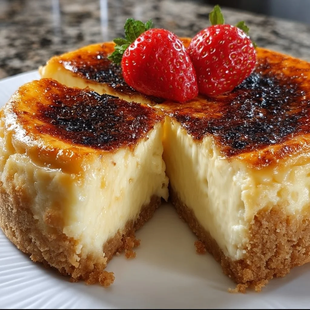 Burnt vanilla-bean cheesecake topped with caramel glaze and fresh berries