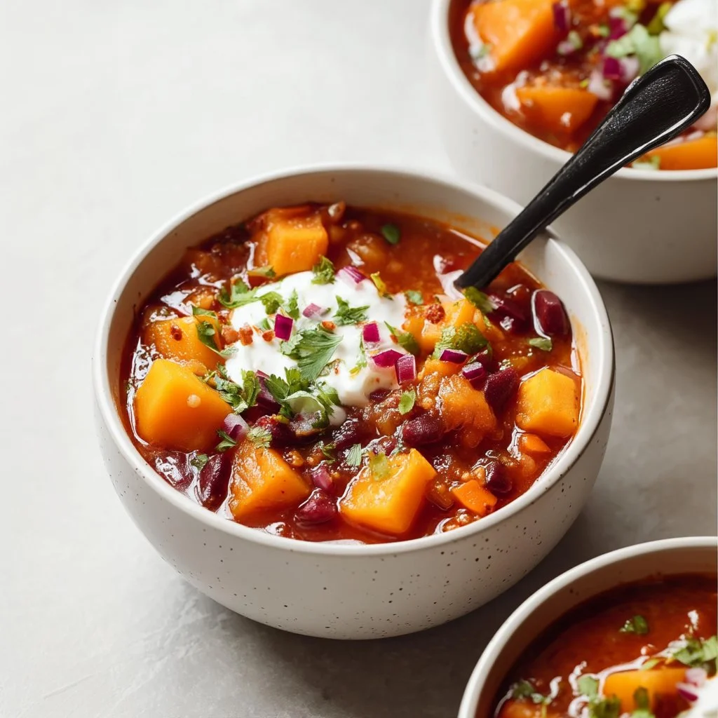 Delicious bowl of butternut squash chili topped with fresh herbs