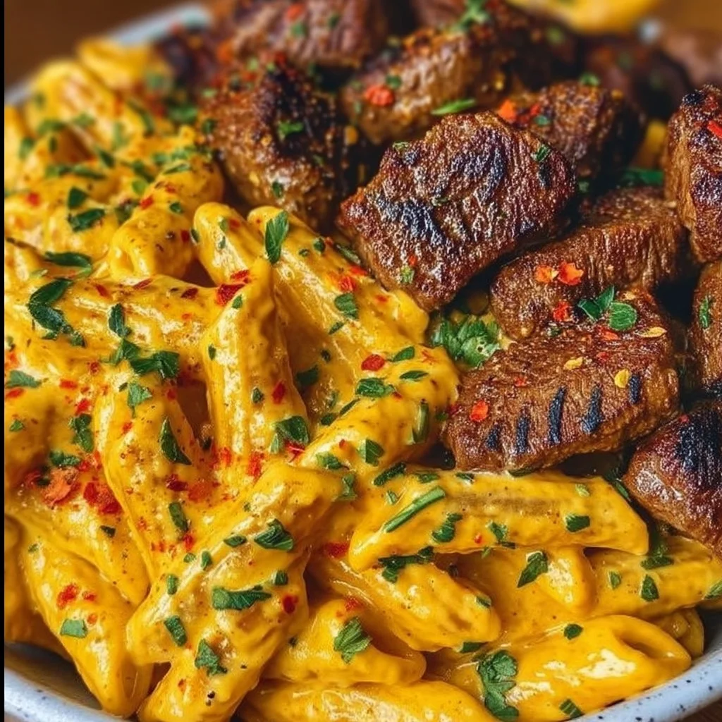 Cajun steak tips served with cheesy penne pasta dish