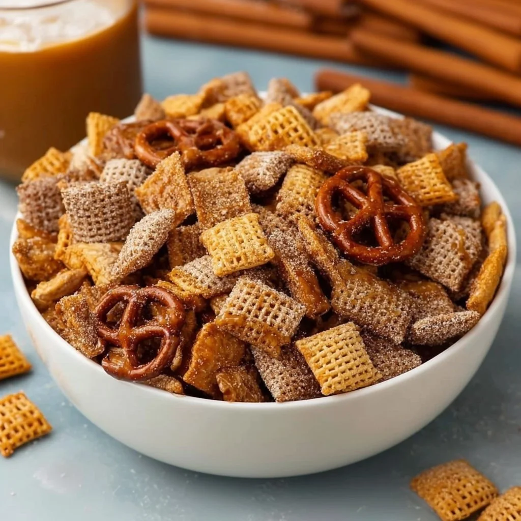A bowl of Caramel Churro Chex Mix featuring crunchy cereal and drizzled caramel.