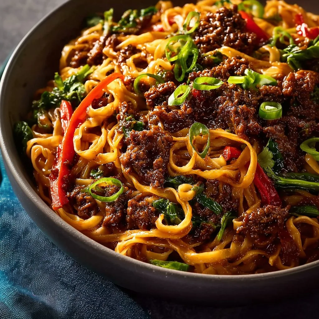 Caramelized Beef Peanut Noodles with Lime and Ginger served in a bowl