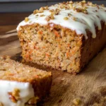 Delicious homemade carrot cake loaf served on a wooden board with frosting.