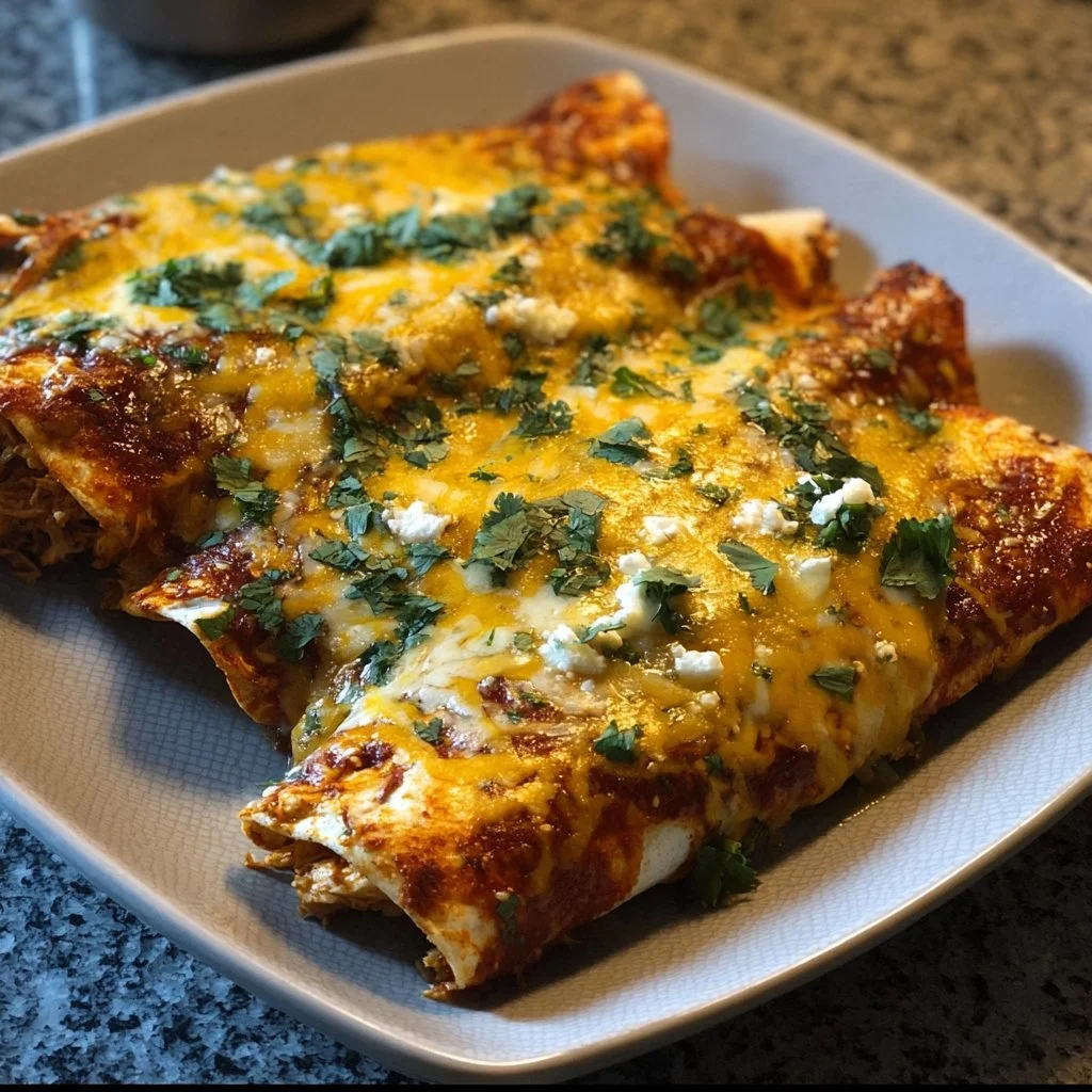Cheese Chicken Enchiladas topped with melted cheese and fresh garnish