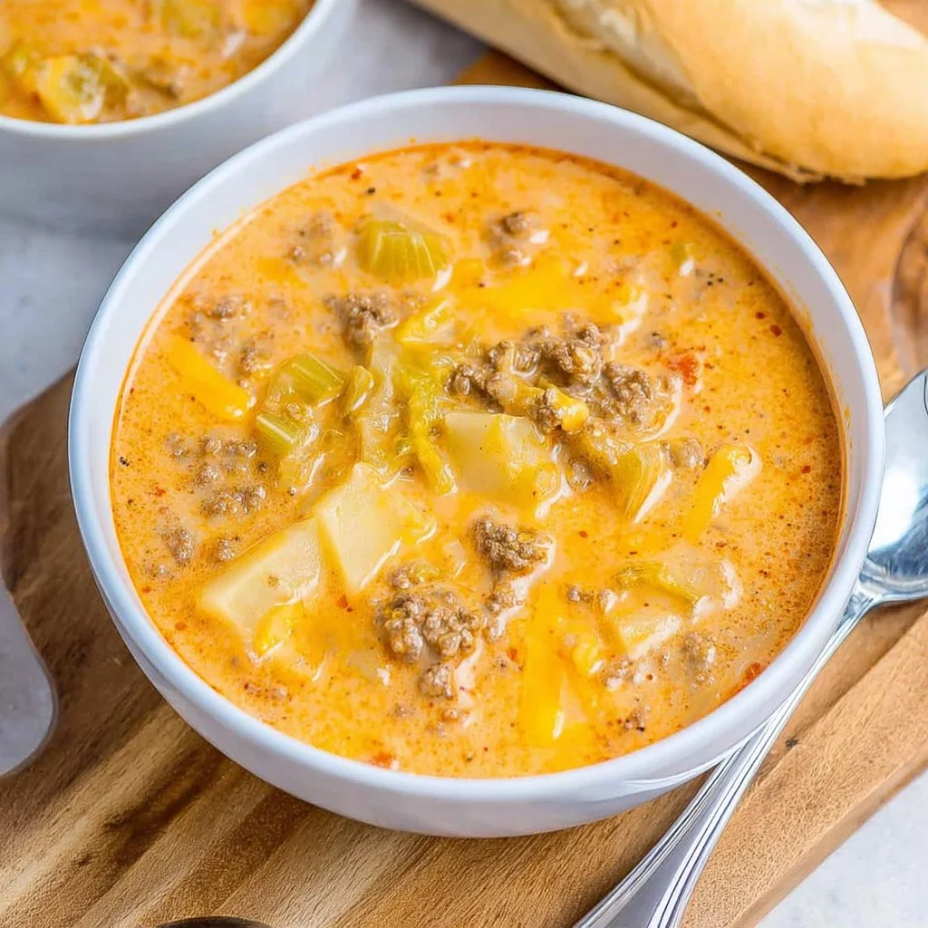 Bowl of homemade cheeseburger soup topped with cheese and herbs