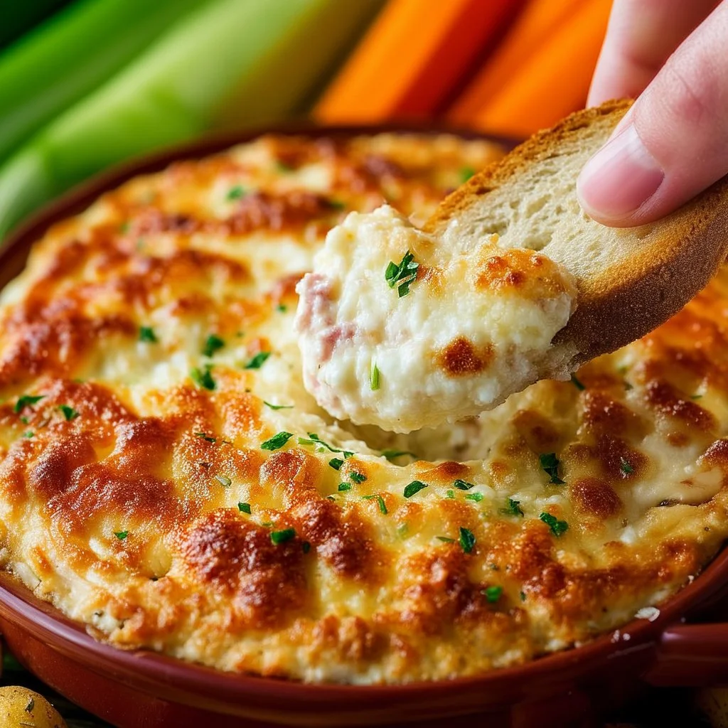 Cheesy Reuben Dip served in a bowl with crackers and fresh herbs