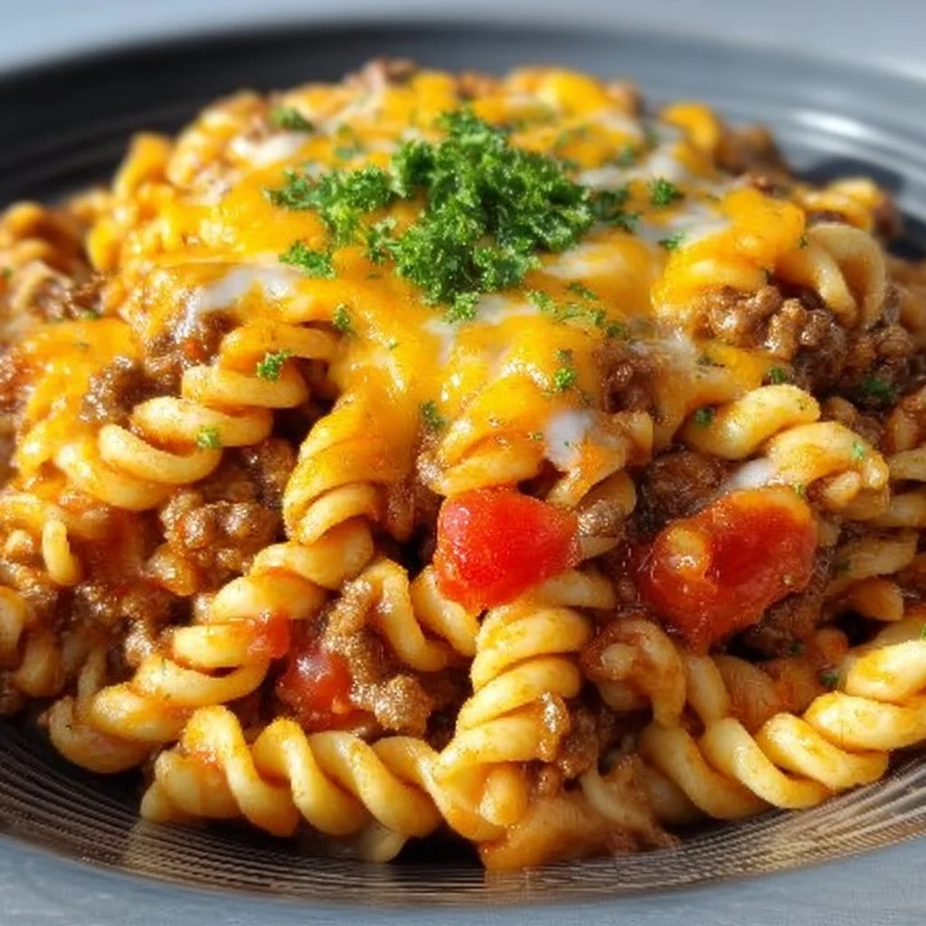 Cheesy beef rotini served in a bowl with melted cheese and herbs.