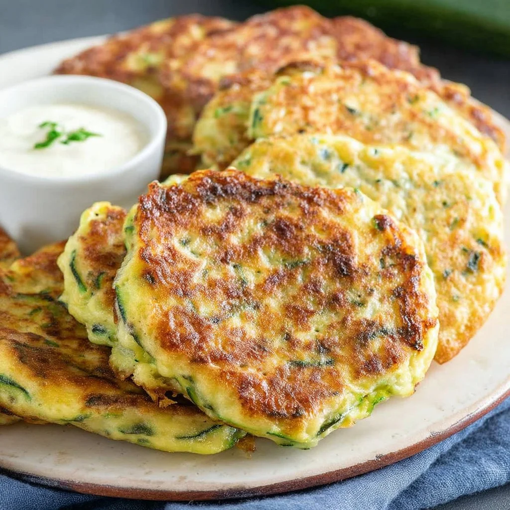 Delicious cheesy courgette fritters served on a plate, crispy and golden brown.
