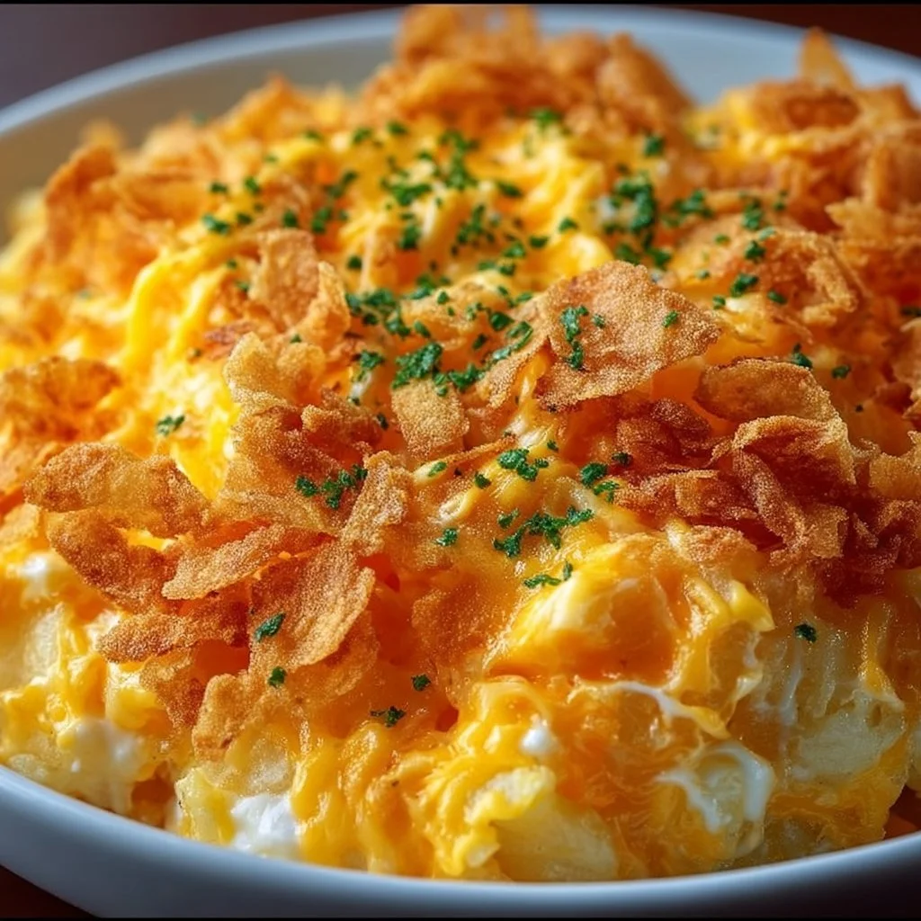 Cheesy funeral potatoes casserole topped with crispy edges