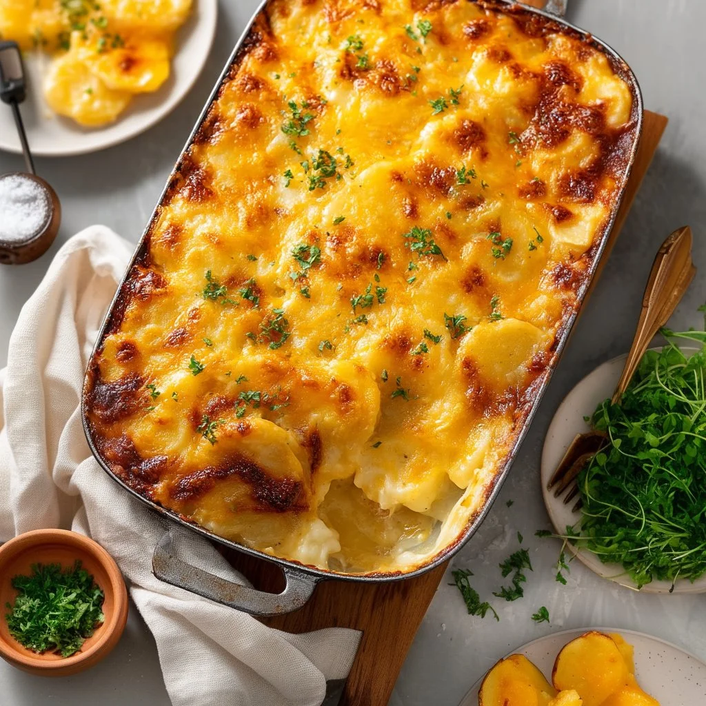 Creamy cheesy scalloped potatoes served in a dish