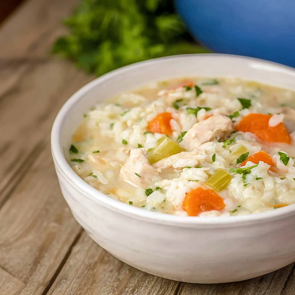 A bowl of delicious Chicken Rice Soup garnished with herbs and vegetables