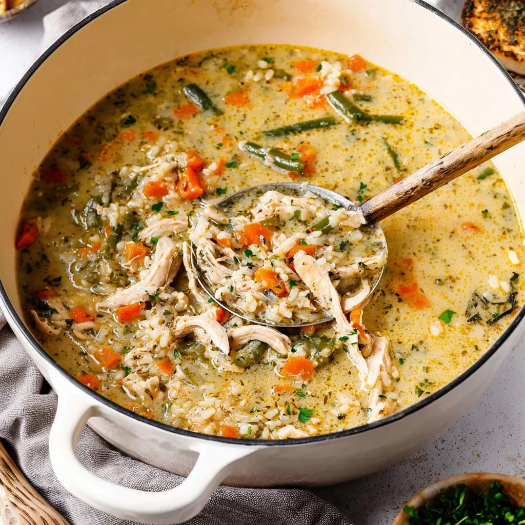 Bowl of Chicken and Rice Soup garnished with herbs, perfect for a cozy meal.