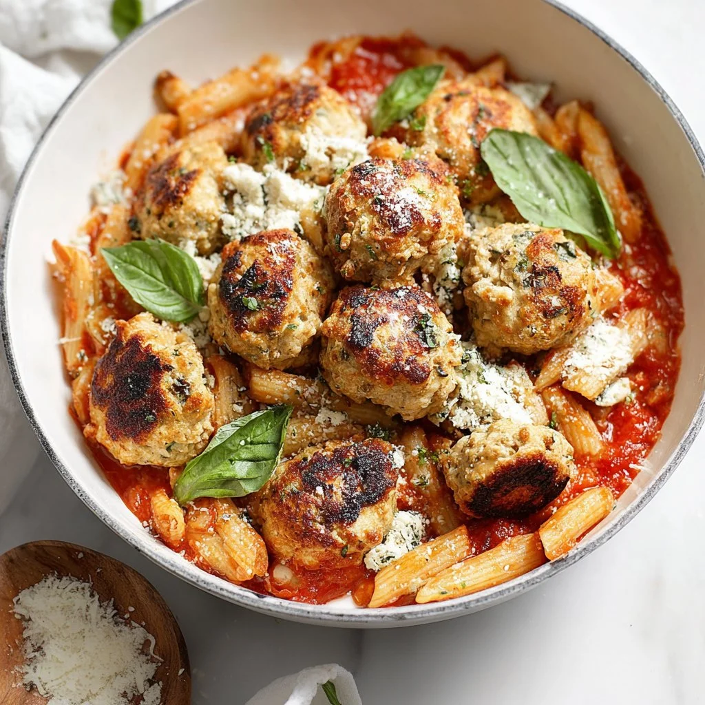 Baked Chicken and Ricotta Meatballs served on a plate with fresh herbs