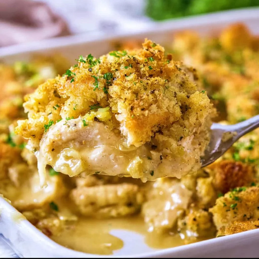 Delicious chicken and stuffing casserole served in a baking dish