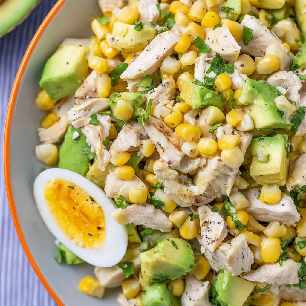 Delicious Chicken Avocado Corn Salad served in a bowl