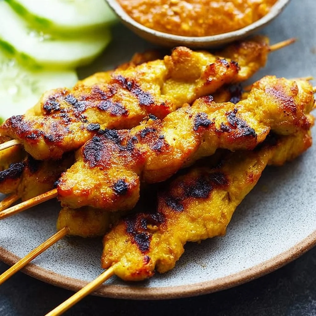 Delicious chicken satay skewers served with peanut sauce and garnished with herbs.