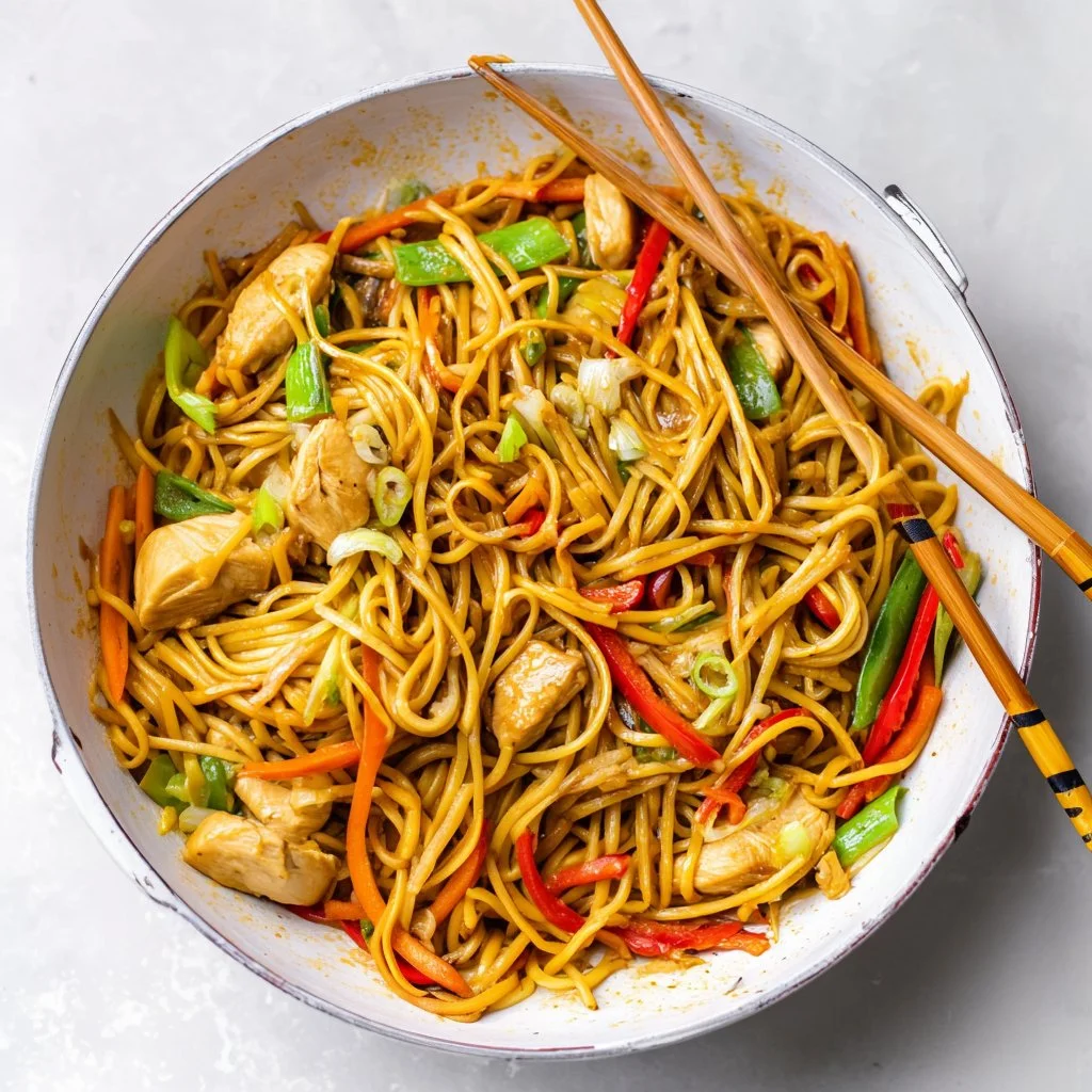 Delicious bowl of chicken stir-fried noodles with colorful vegetables.