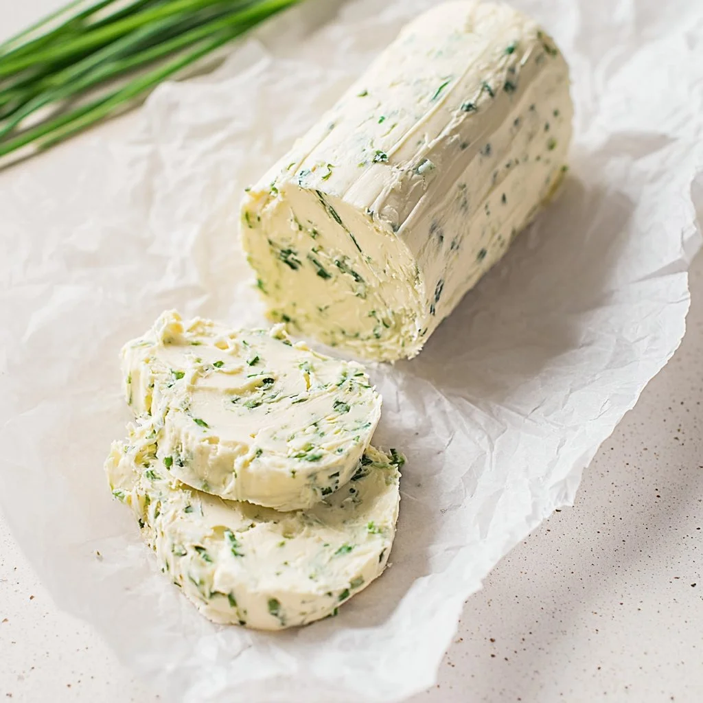 Creamy chive butter spread on fresh bread, showcasing its lush green herbs.