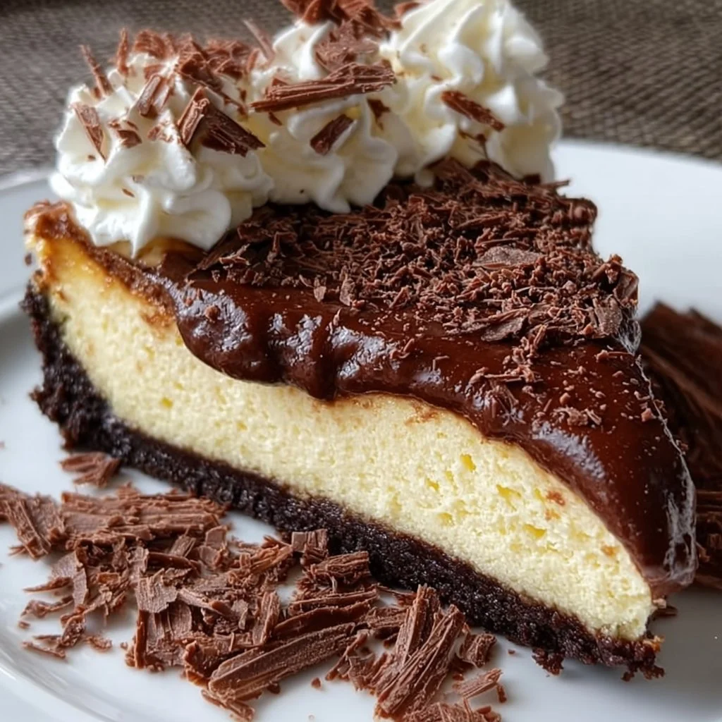 Delicious chocolate cheesecake garnished with chocolate shavings on a white plate