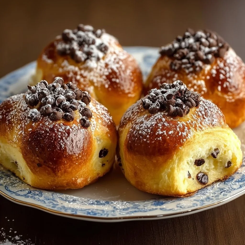 Chocolate chip brioches filled with vanilla custard, freshly baked