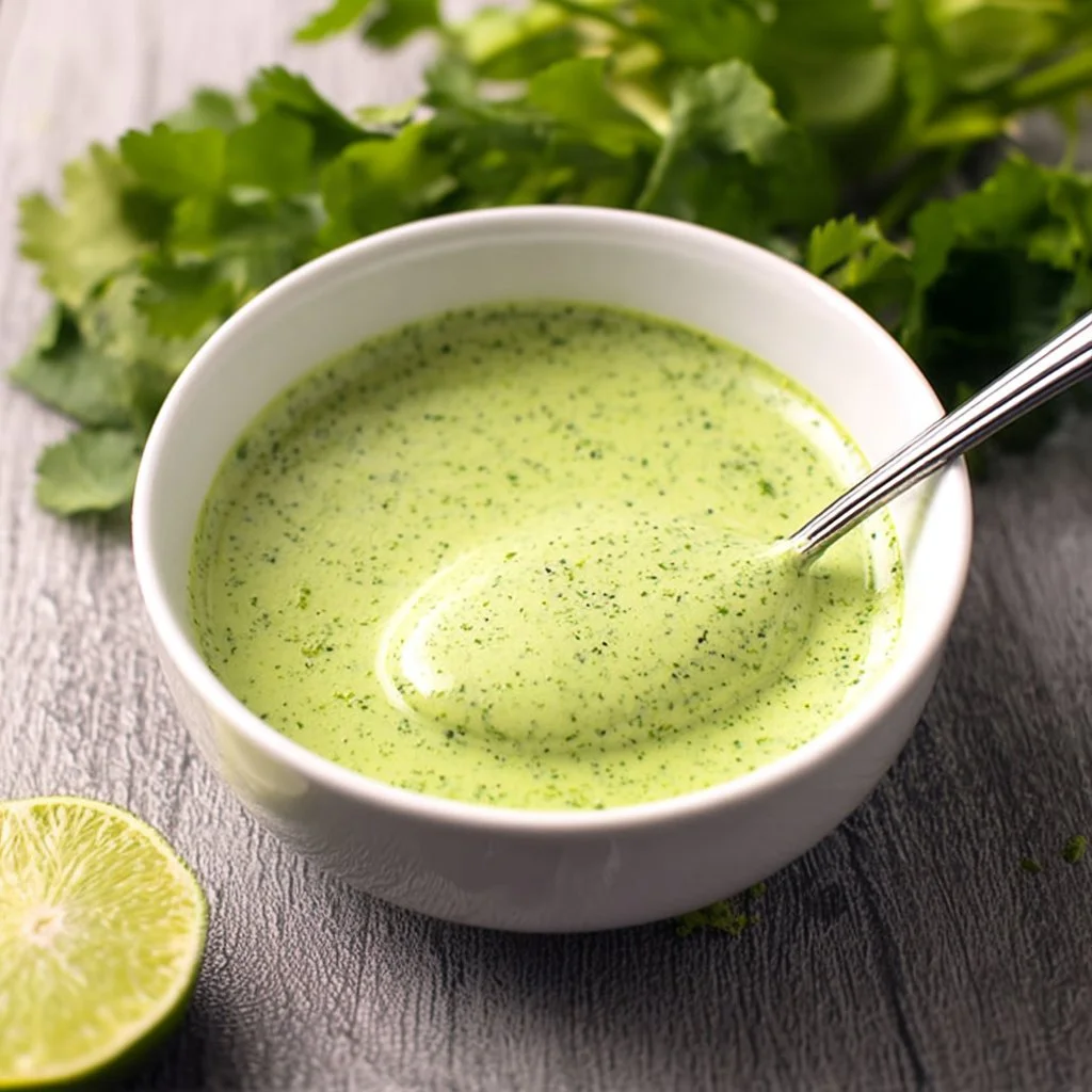 Delicious cilantro lime sauce in a bowl with fresh cilantro and lime slices