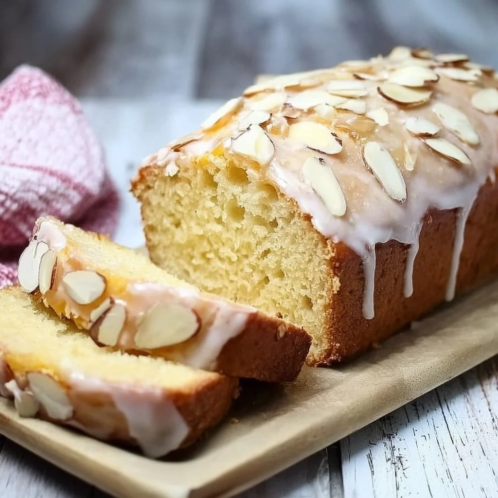 Delicious Citrus Almond Loaf Cake with citrus glaze and almond topping