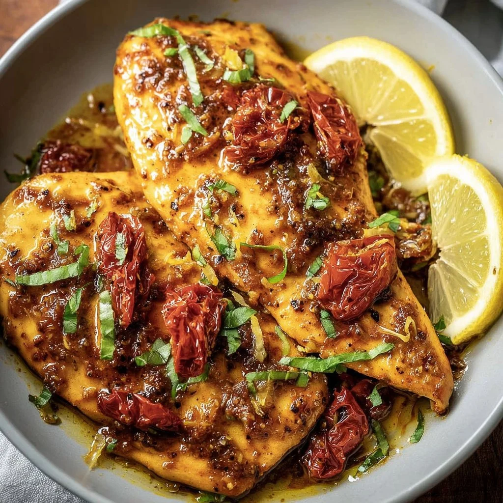 Citrus Greek Chicken garnished with fresh herbs and served with vegetables