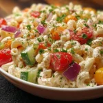 Classic creamy Italian macaroni salad in a serving bowl with fresh vegetables.