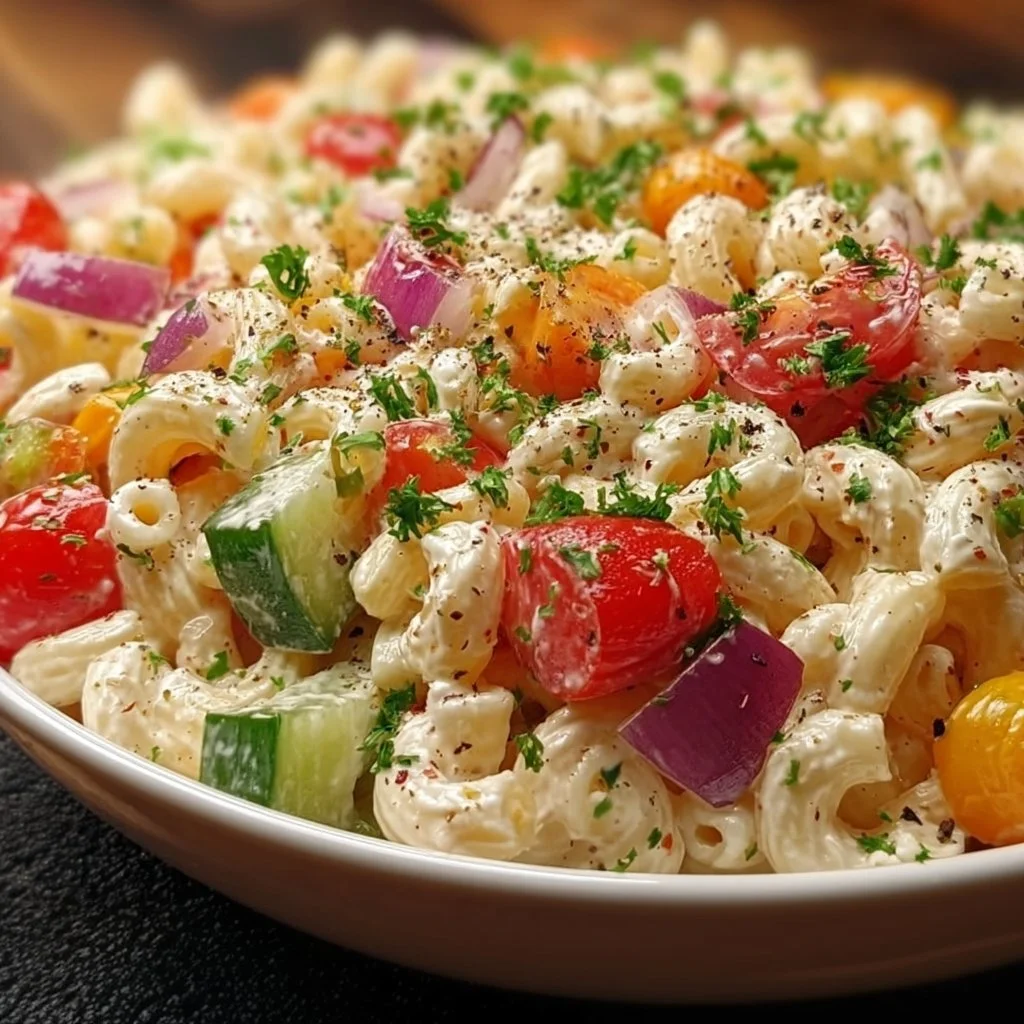 Classic creamy Italian macaroni salad in a serving bowl with fresh vegetables.