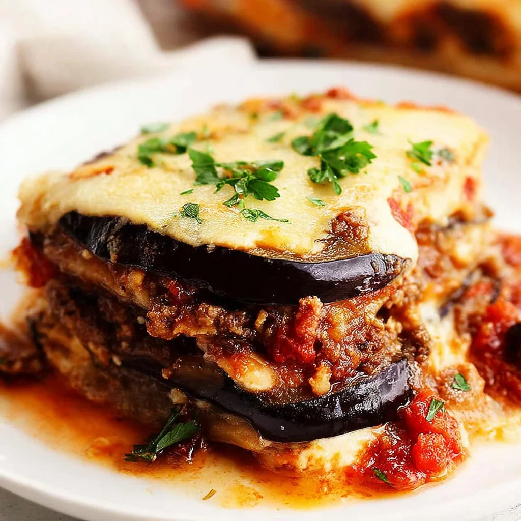 Classic eggplant lasagna fresh out of the oven, layered and delicious.