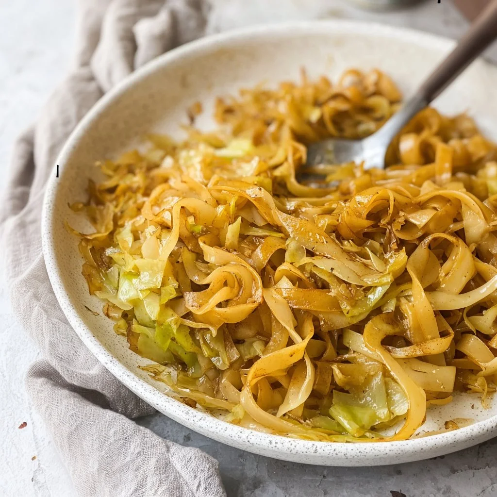 A bowl of cabbage and noodles, showcasing comfort food at its best.