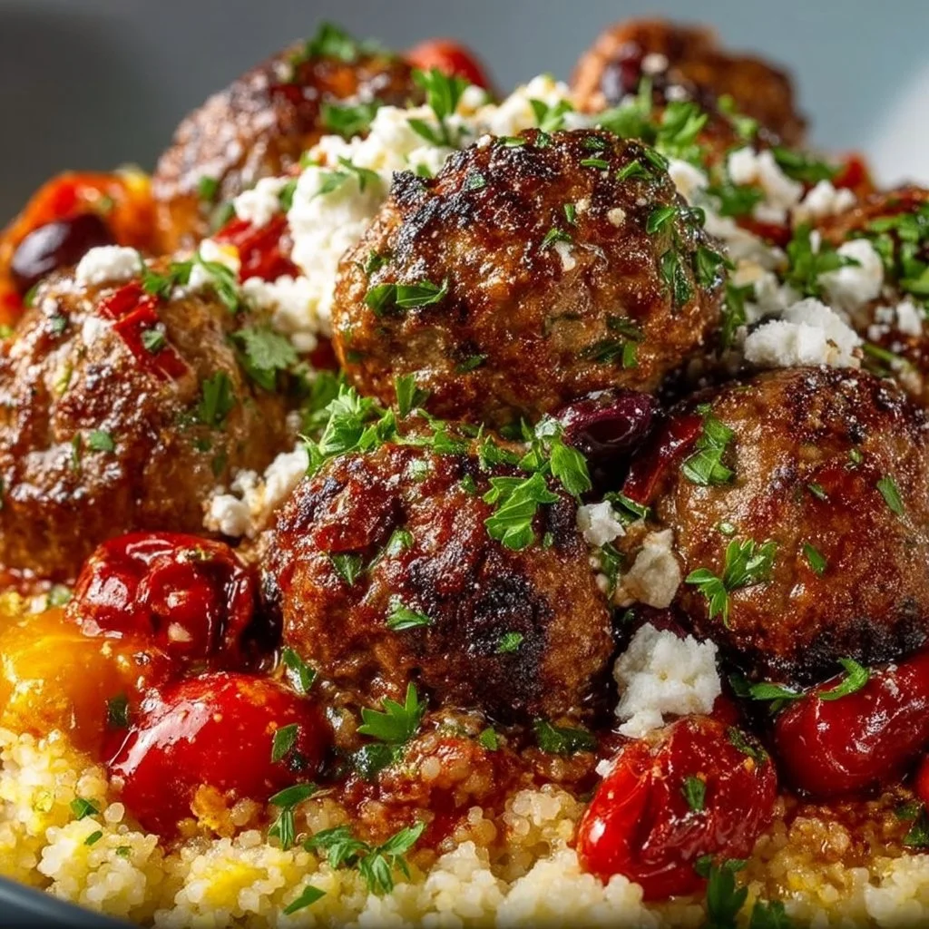 Comforting Mediterranean Bowl with turkey meatballs and fresh vegetables.