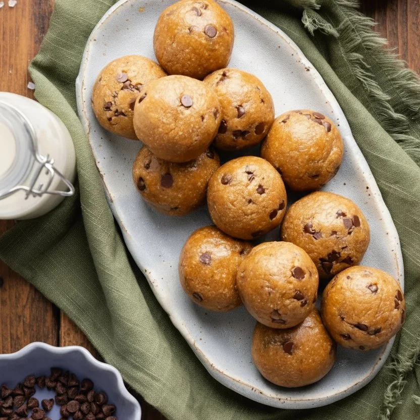 Healthy cookie dough protein balls ready to enjoy as a nutritious snack.