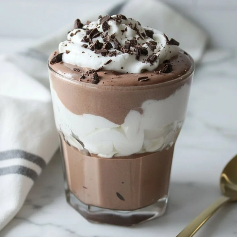 Delicious Cottage Cheese Chocolate Mousse topped with cocoa and served in a bowl.