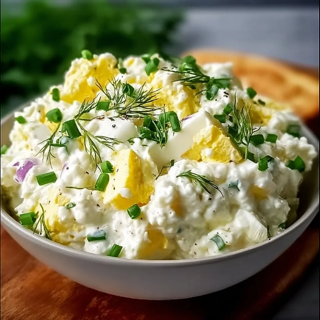 Cottage Cheese Egg Salad No Mayo in a bowl with fresh herbs