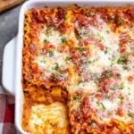 A delicious serving of cottage cheese lasagna layered with rich tomato sauce and herbs.