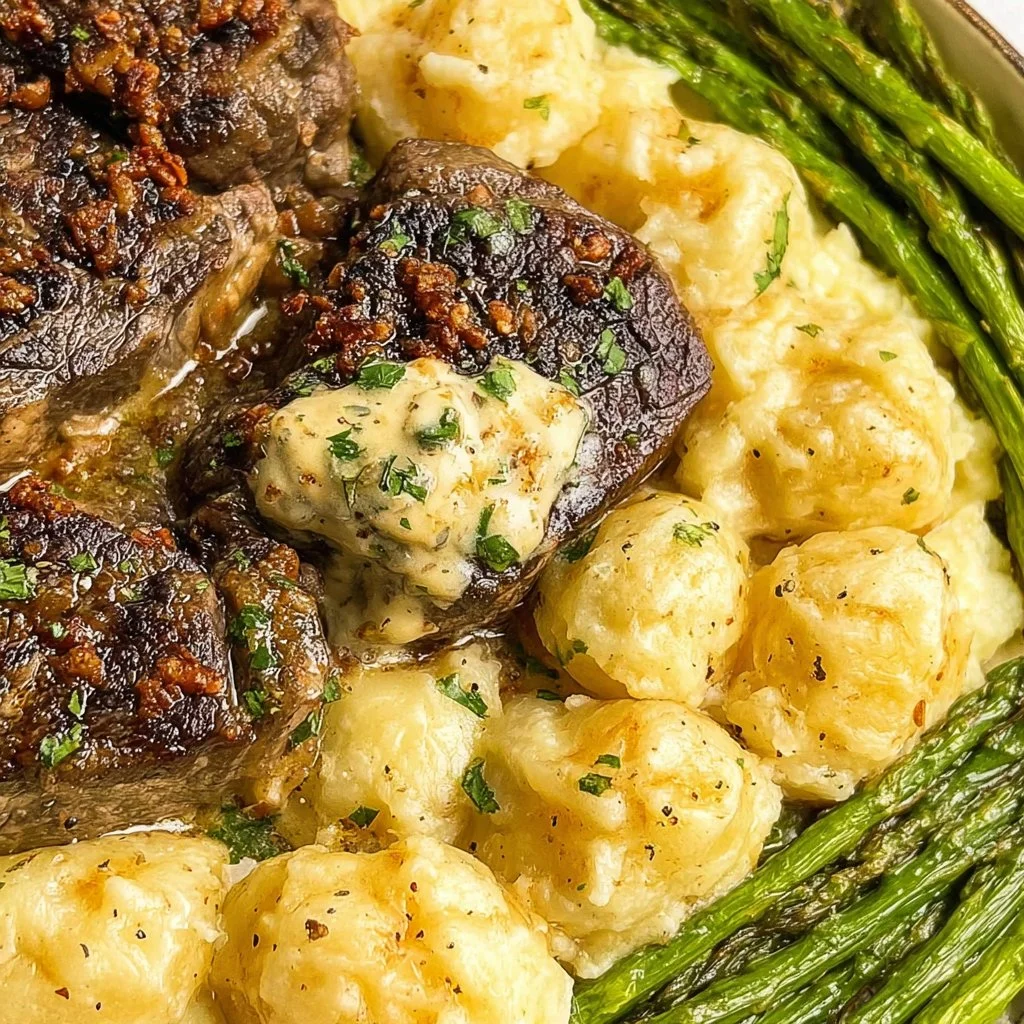 Juicy Cowboy Butter Steak served with seasoned potatoes on a plate.