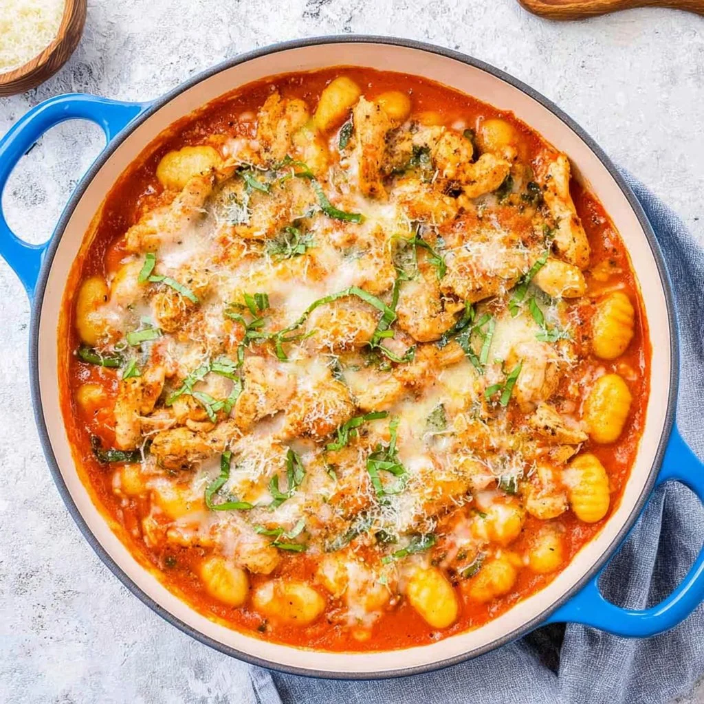 Delicious bowl of homemade chicken gnocchi in creamy sauce with herbs