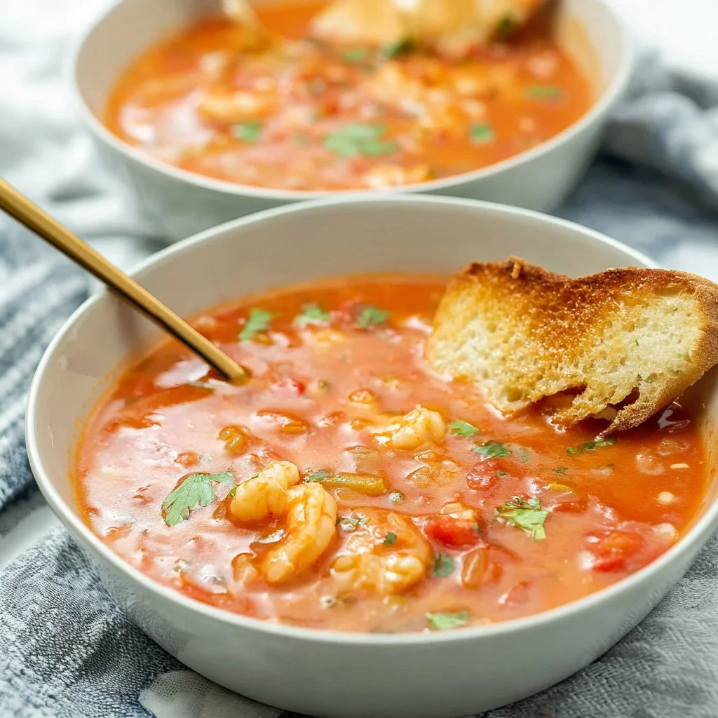 Delicious bowl of Brazilian Shrimp Soup garnished with herbs and spices.
