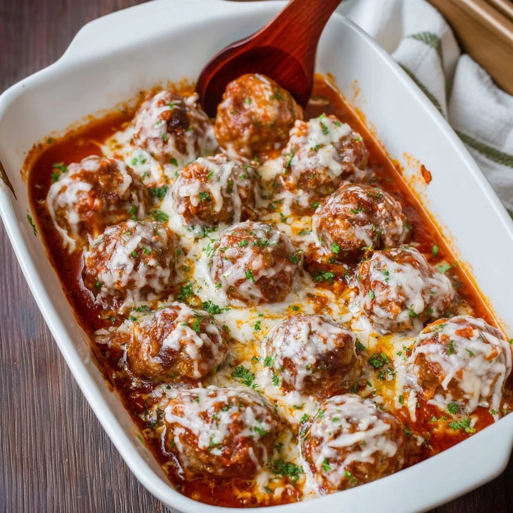 Delicious meatballs parmesan served with cheesy goodness and marinara sauce
